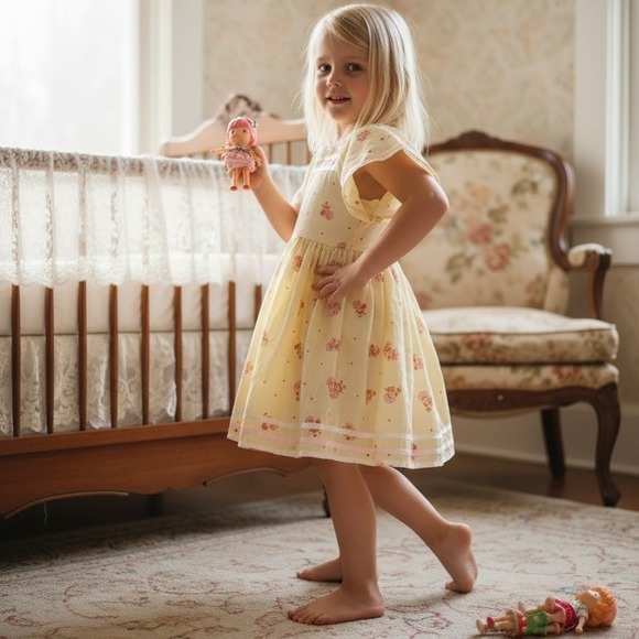 The Unbranded Brand Other - Handmade Organic Dress 5/6 Strawberry Shortcake Print Puff Sleeve 1980's fabric